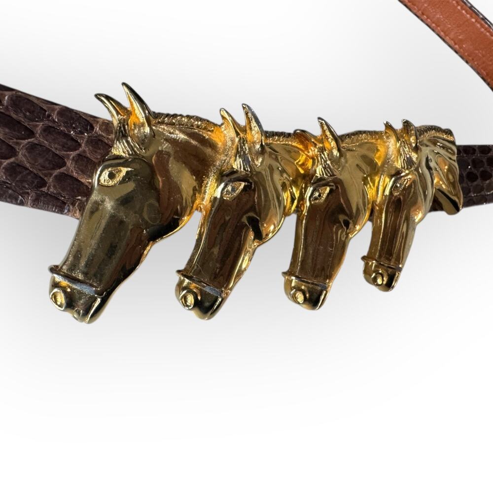 Vtg Alexis Kirk Belt Four Horse Head Gold Tone Buckle Brown Snake Leather 1980s